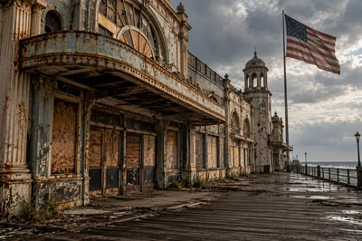 Derelict boardwalk casino building with boarded windows