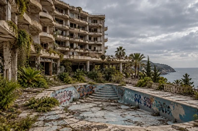 Abandoned seaside hotel with an empty pool