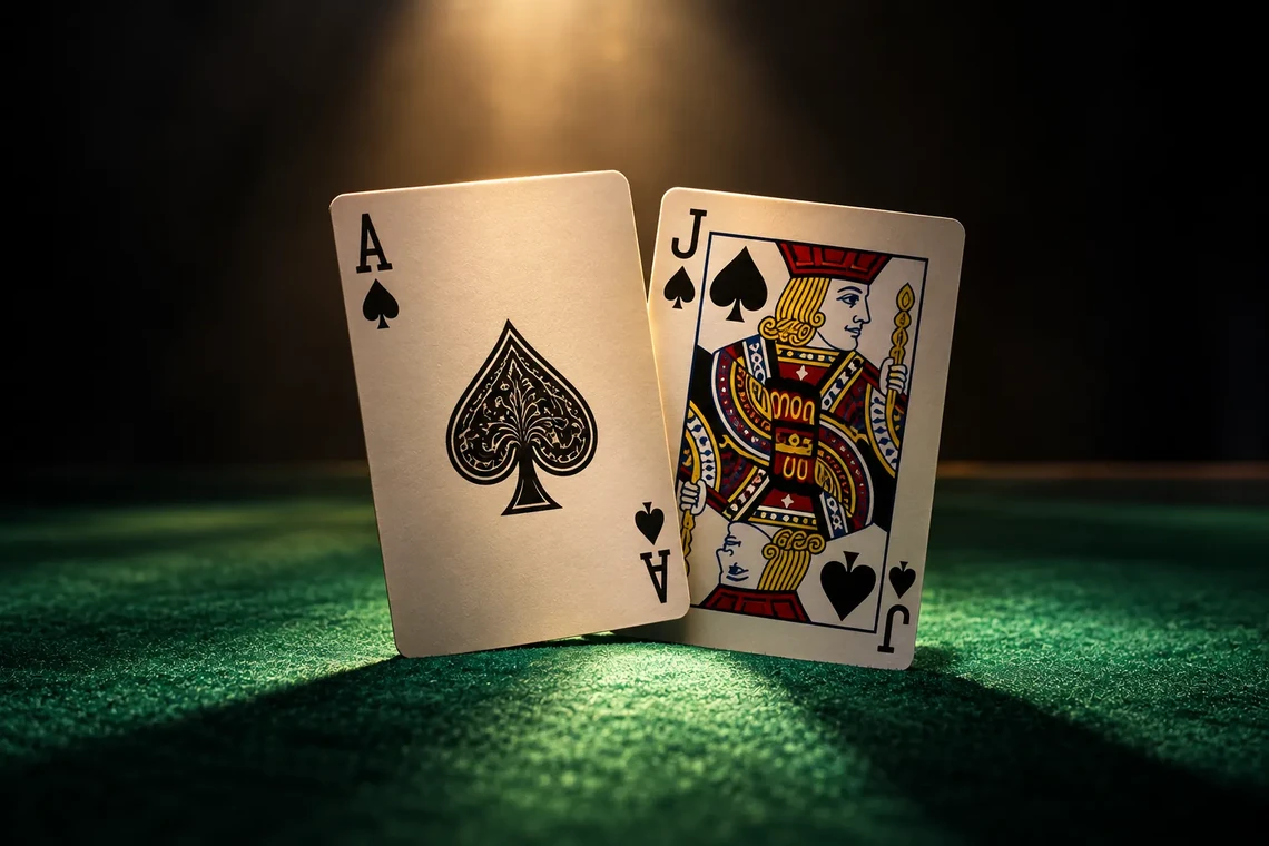 Ace and jack blackjack hand on green felt