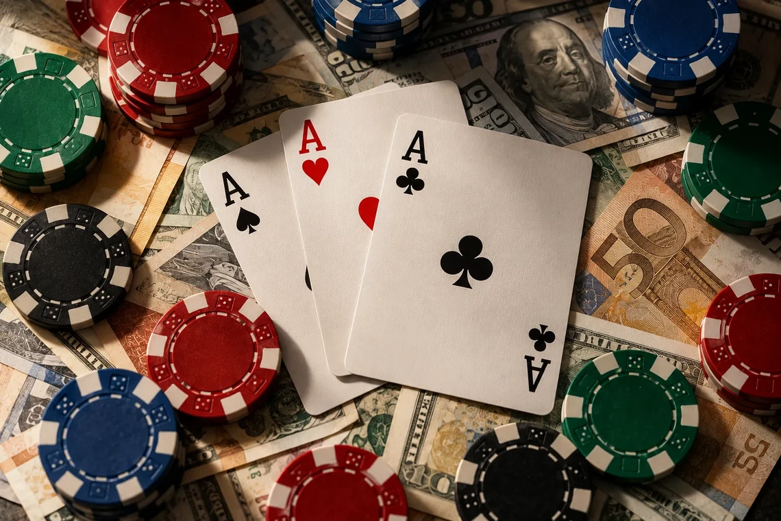 Aces, casino chips and dollar notes