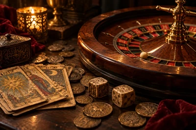 Antique roulette wheel with tarot cards and dice