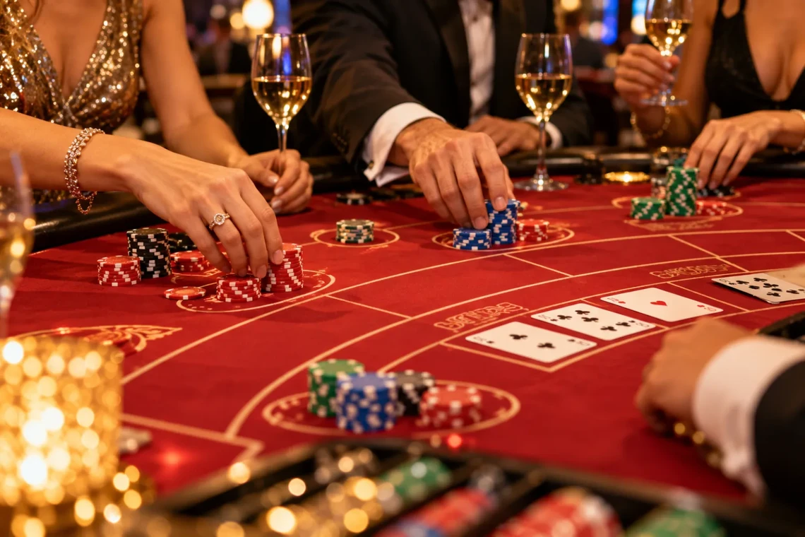 Players at a baccarat table with chips and wine
