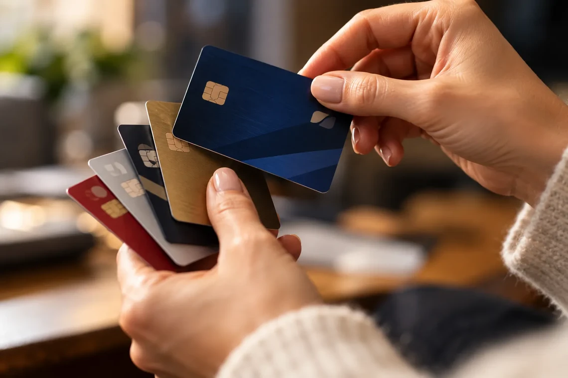Hand holding a fan of bank cards