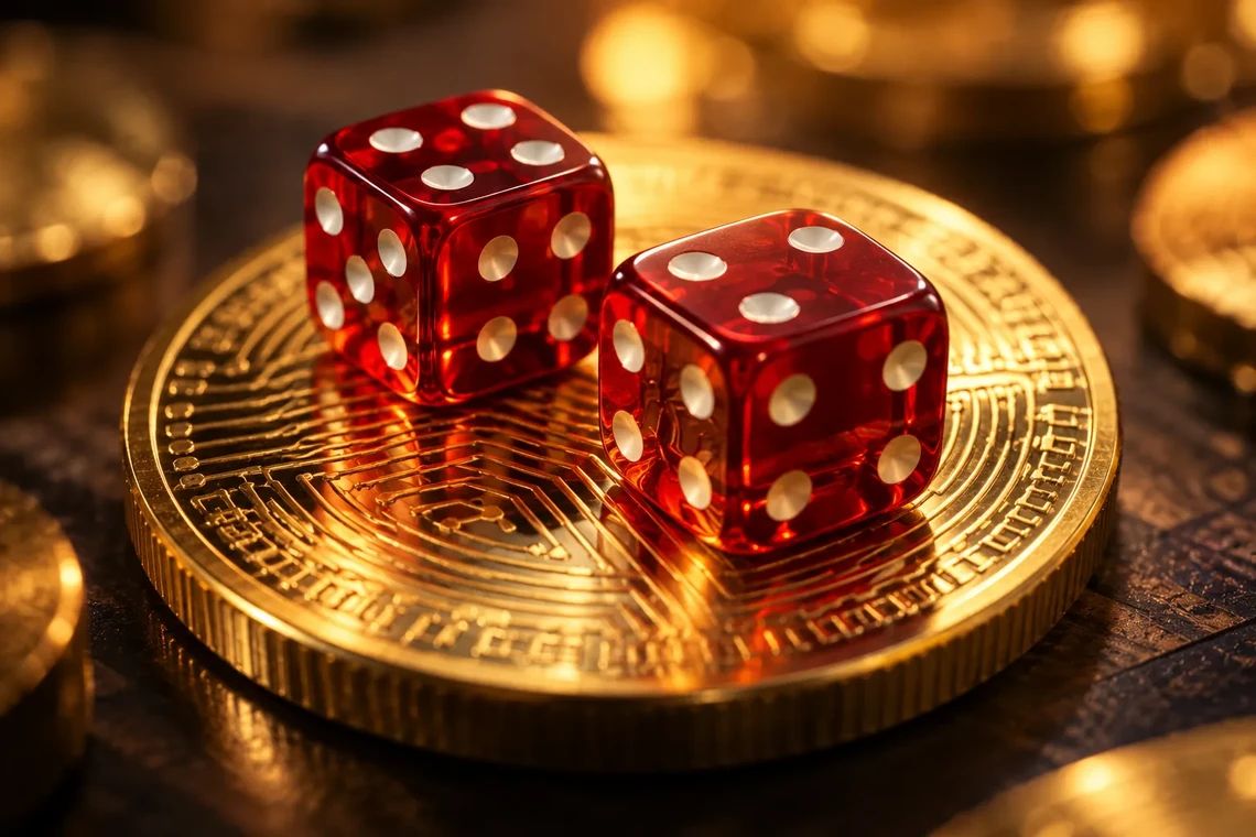 Bitcoin coin beside red dice