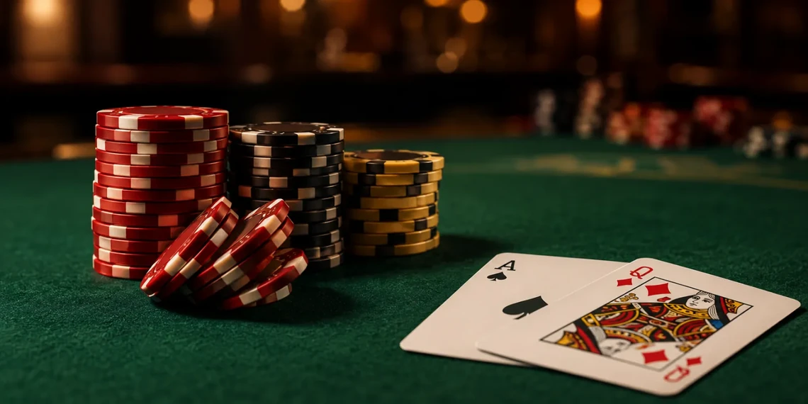 Blackjack chips with an ace and queen on a green table