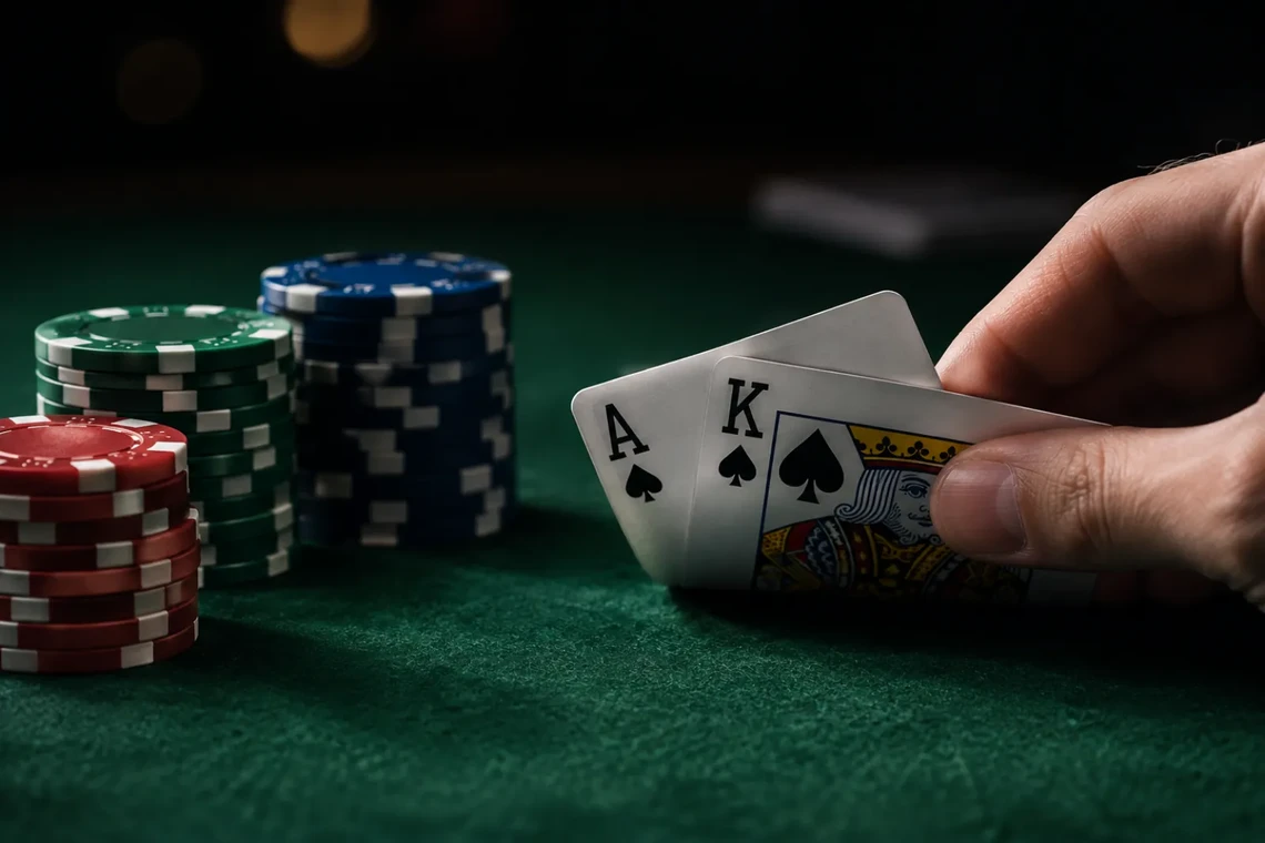 Blackjack hand with chips on the felt