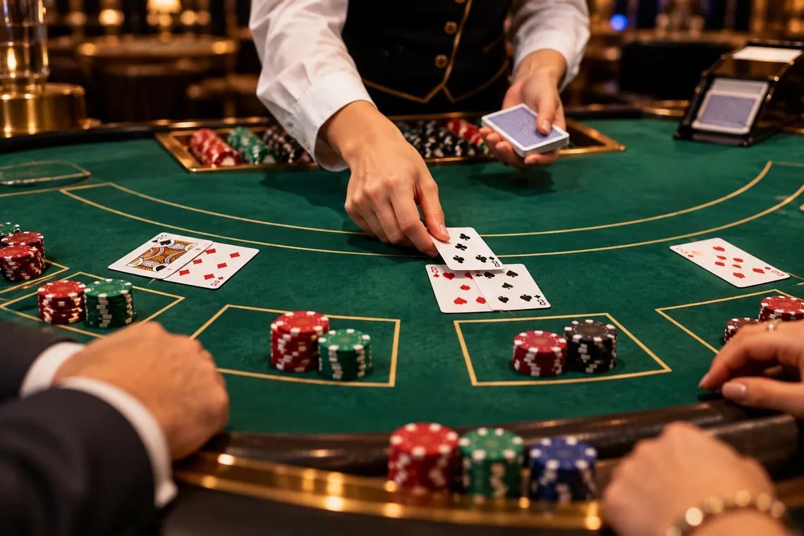 Blackjack layout with cards being dealt