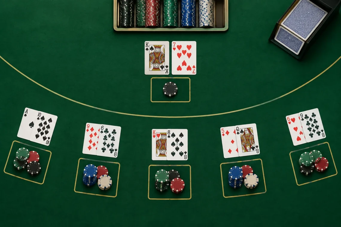 Blackjack layout with five hands dealt