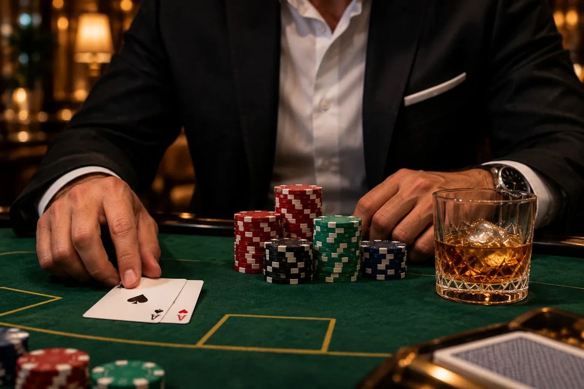 Blackjack player at the table with chips and a glass
