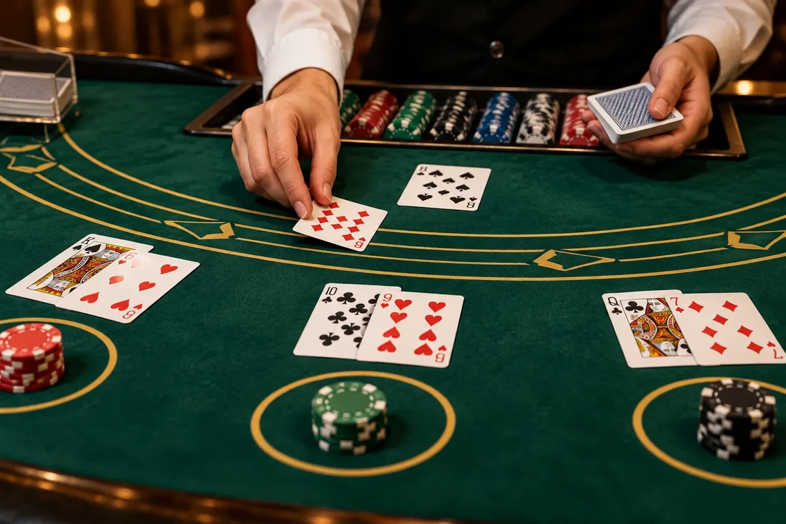Dealer dealing cards on a blackjack table