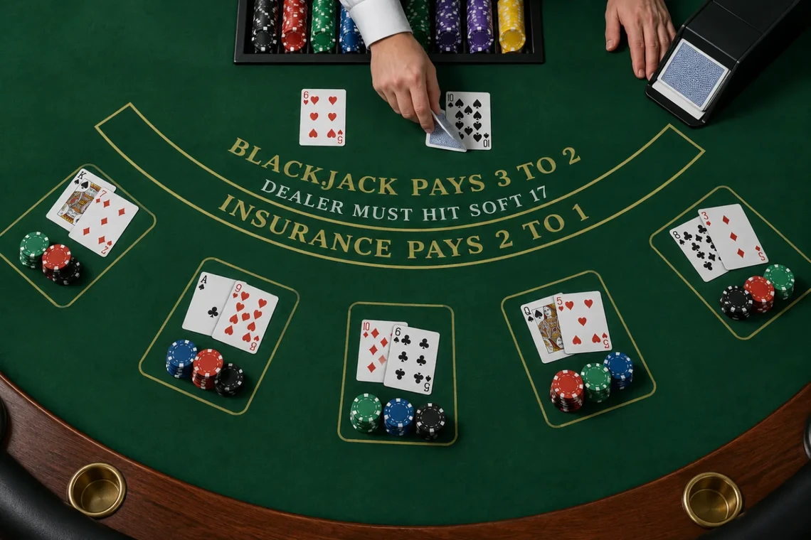 Overhead view of a blackjack table with dealt hands and chips