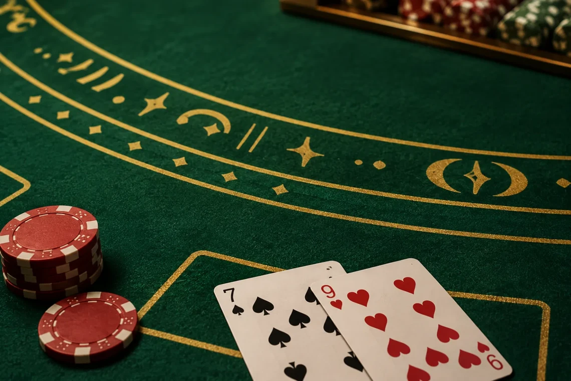 Blackjack table with felt and chips