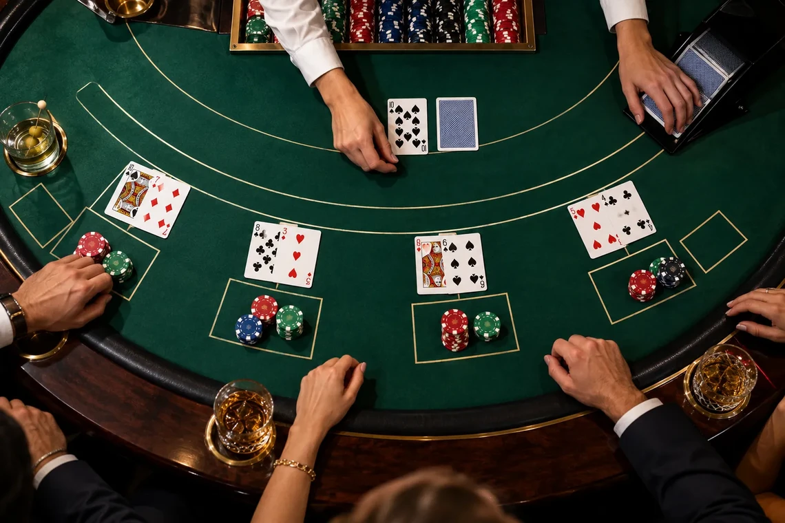 Overhead view of hands at a blackjack table