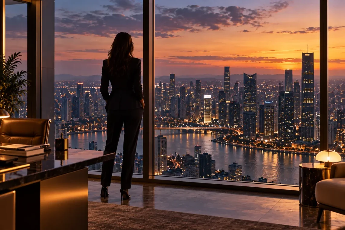 Businesswoman in an office with a city view