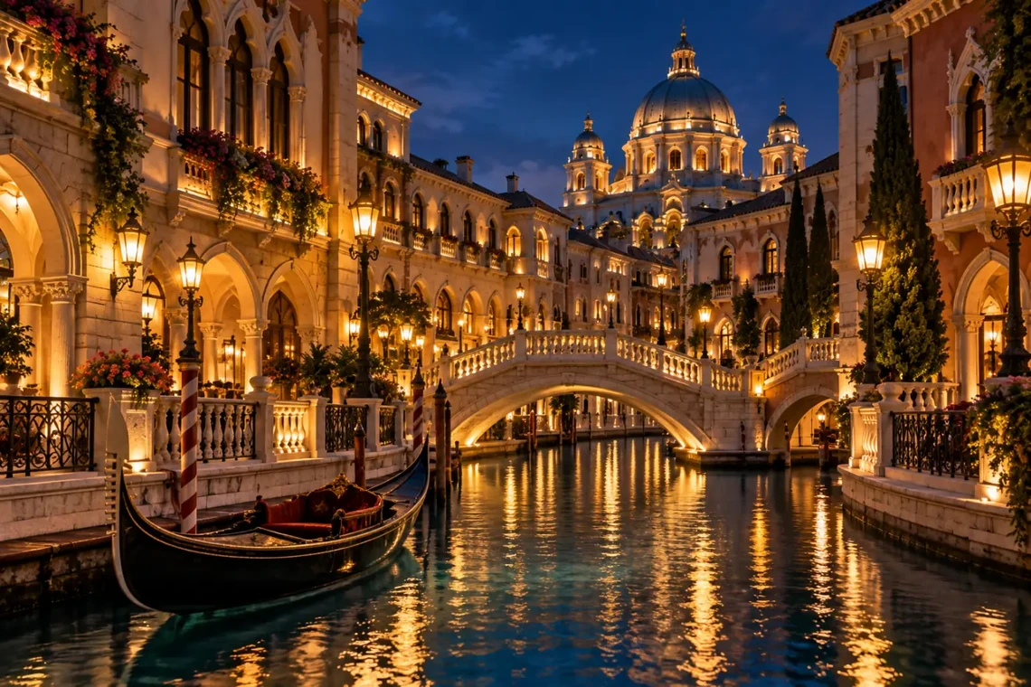 Canal resort with a gondola at night