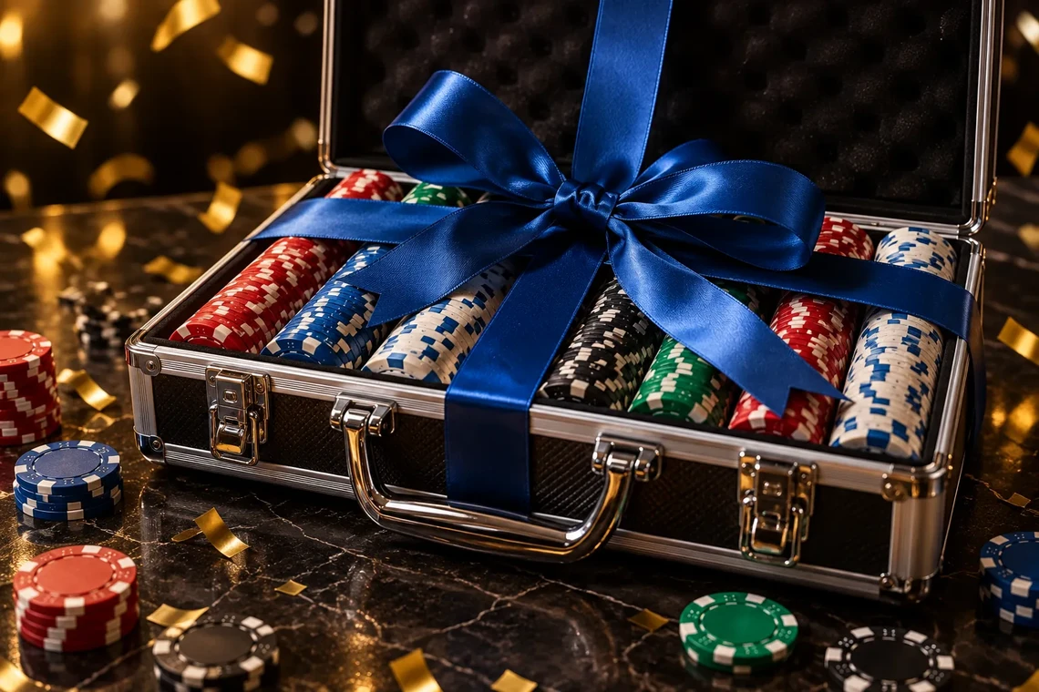 Poker chip case with a blue gift ribbon
