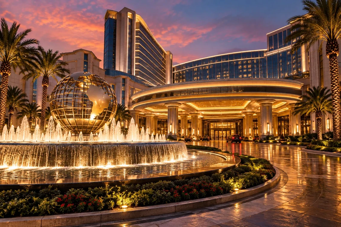 Grand entrance plaza of a large casino resort at dusk