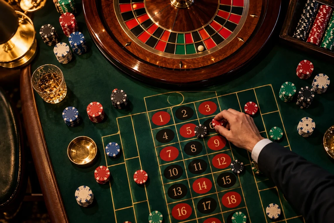 Overhead view of a roulette table with chips on the numbers