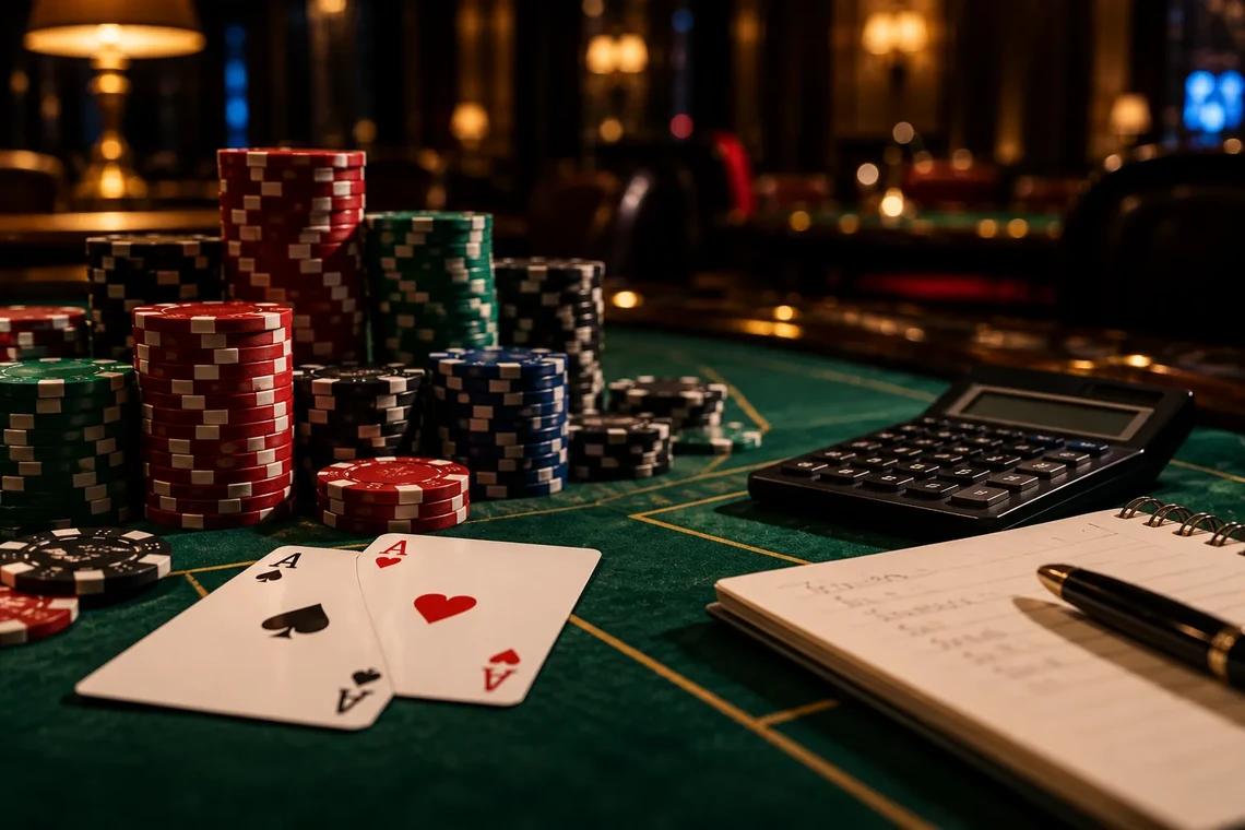 Casino chips, aces and a calculator on a green table