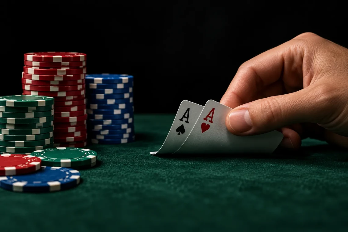Hand lifting two cards beside stacks of chips