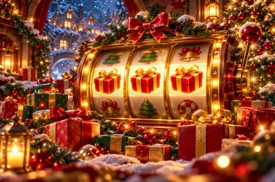 Christmas presents stacked around glowing slot reels