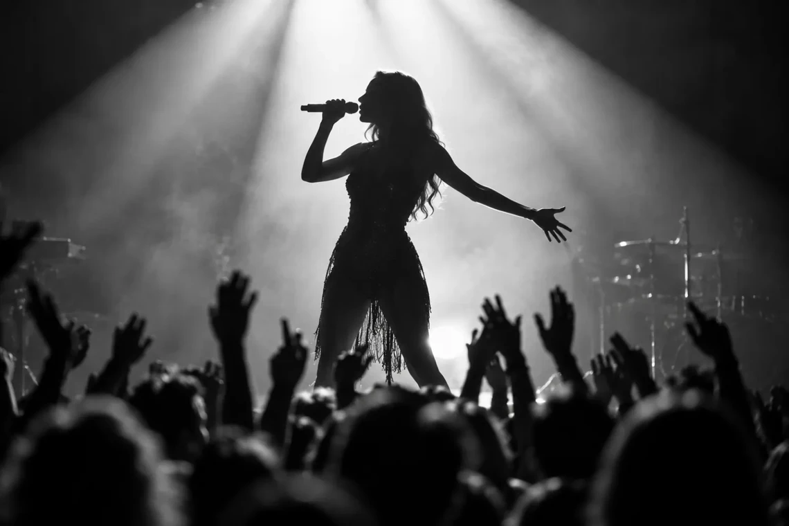 Silhouette of a guitarist performing on a concert stage