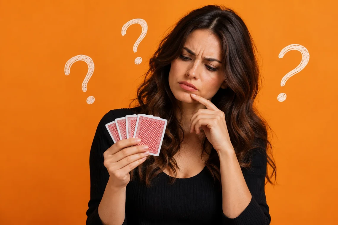 Puzzled player holding playing cards