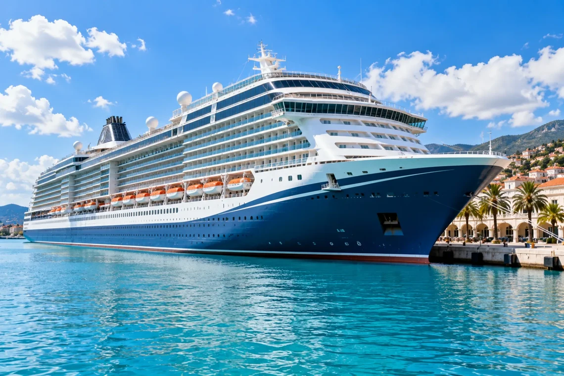 Large cruise ship docked in a sunny port