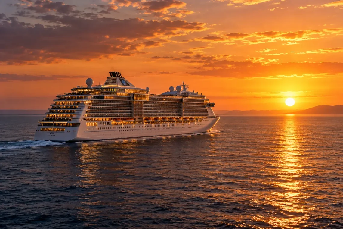 Cruise ship sailing at sunset