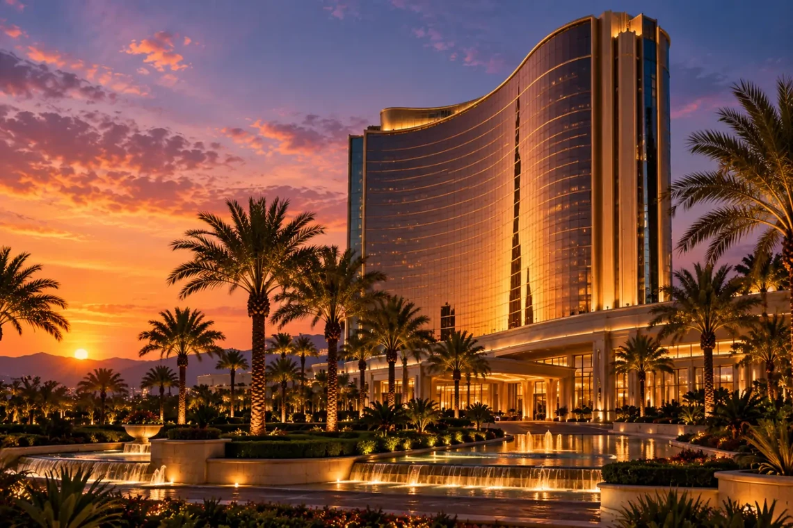 Curved bronze hotel tower at dusk