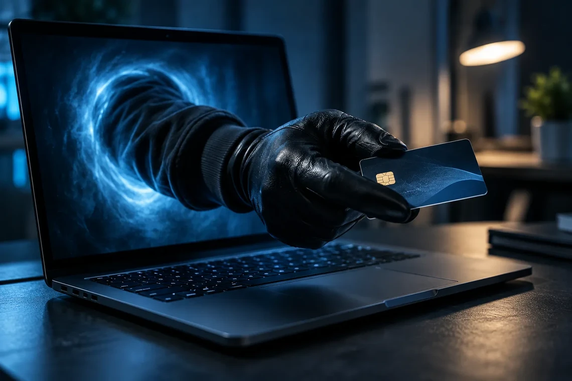 Gloved arm reaching out of a laptop holding a bank card