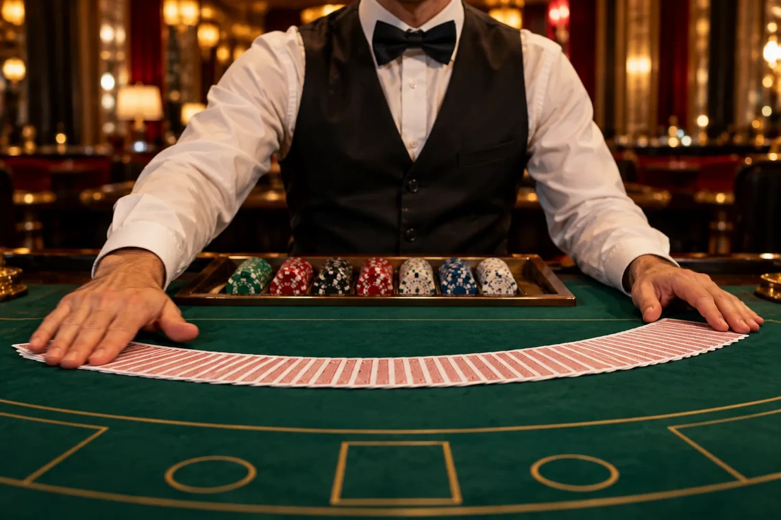 Blackjack dealer in a black waistcoat spreading cards