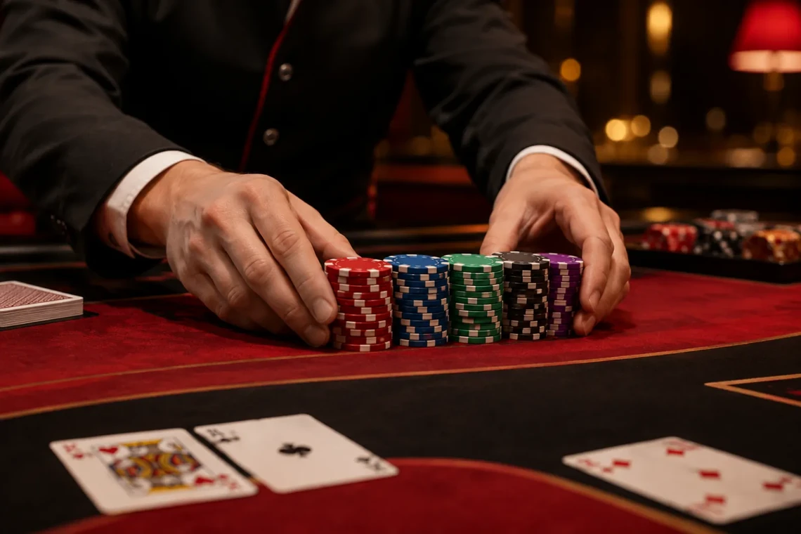 Dealer pushing a stack of chips across a casino table