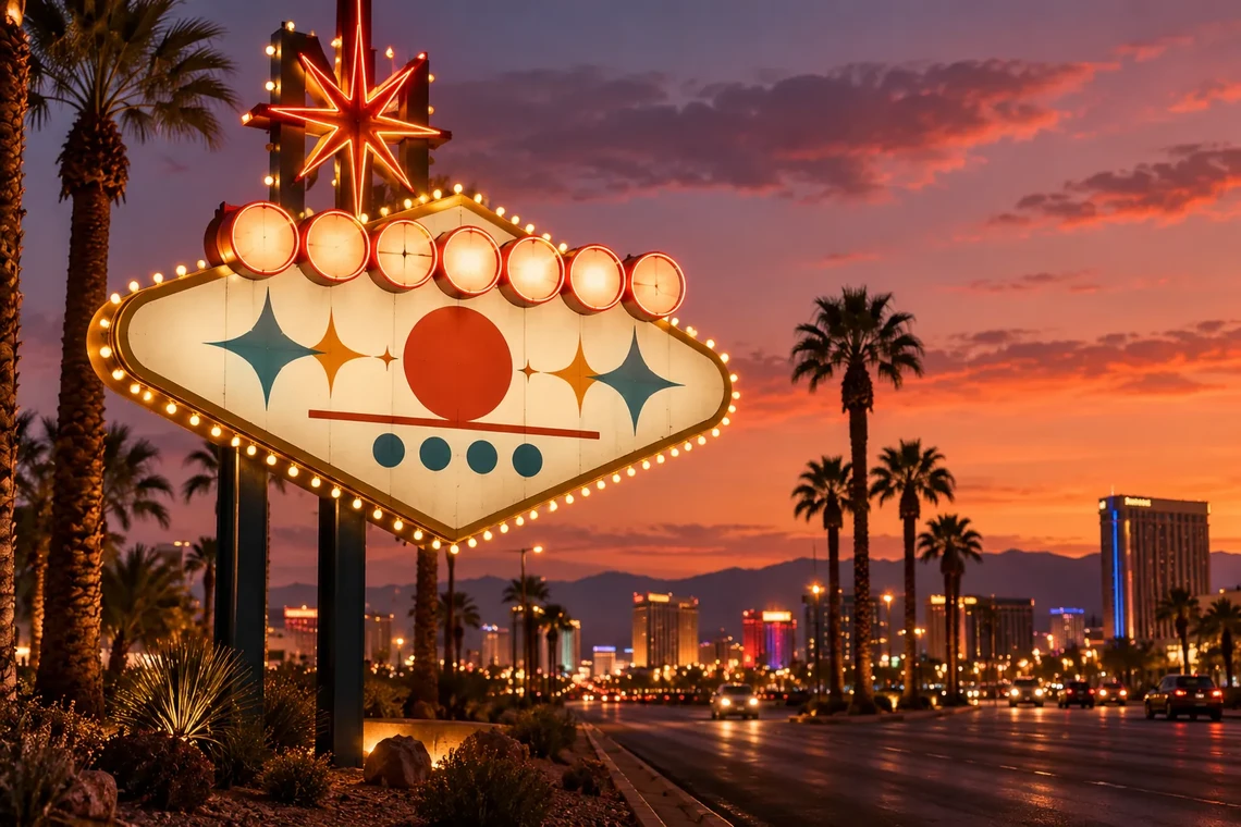 Retro welcome sign glowing at dusk on a desert city boulevard