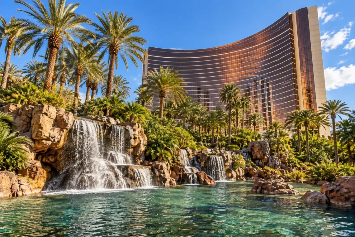 Desert resort with palm trees and a waterfall