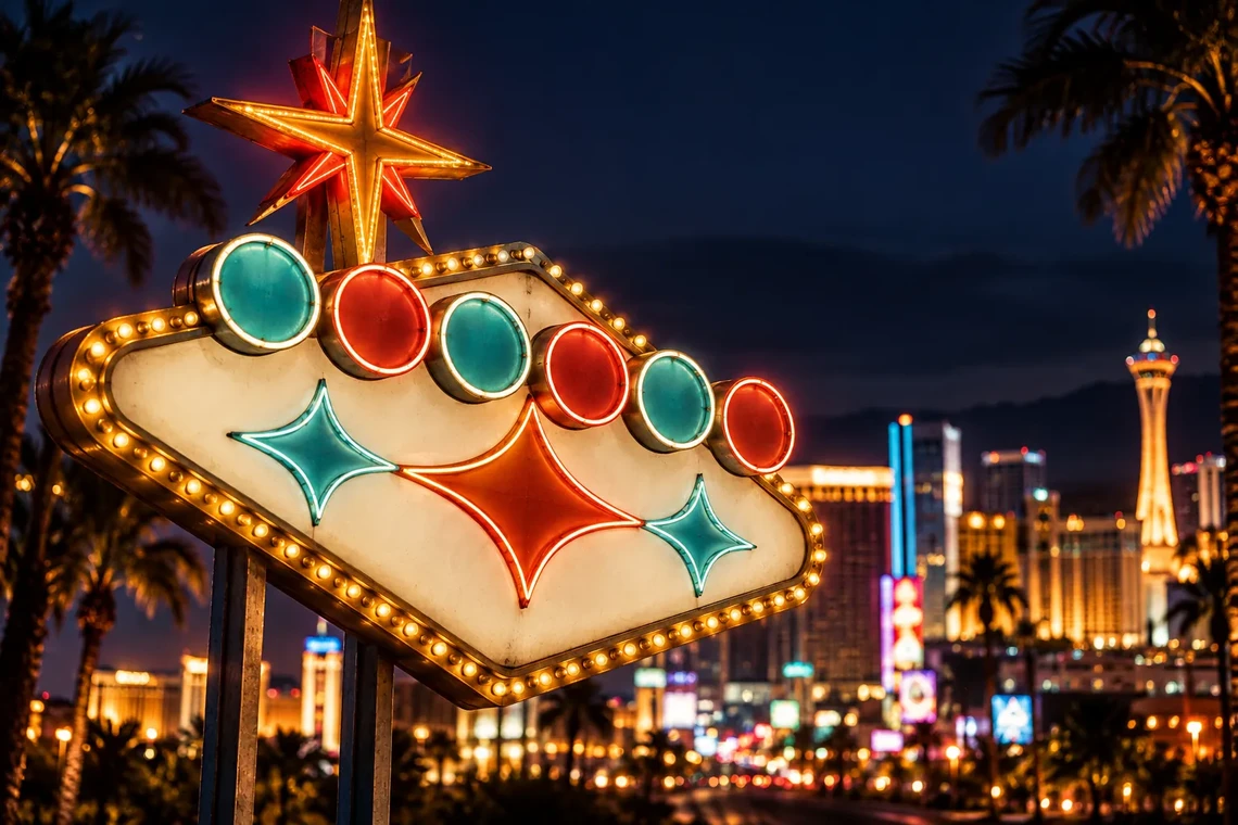 Desert sign lit up at night