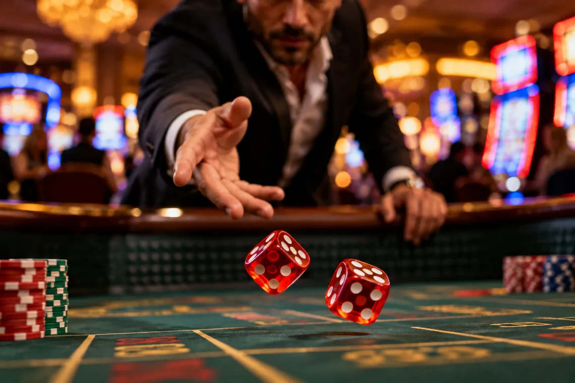 Dice thrown across a casino table at night