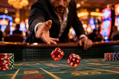 Player throwing red dice at a casino table