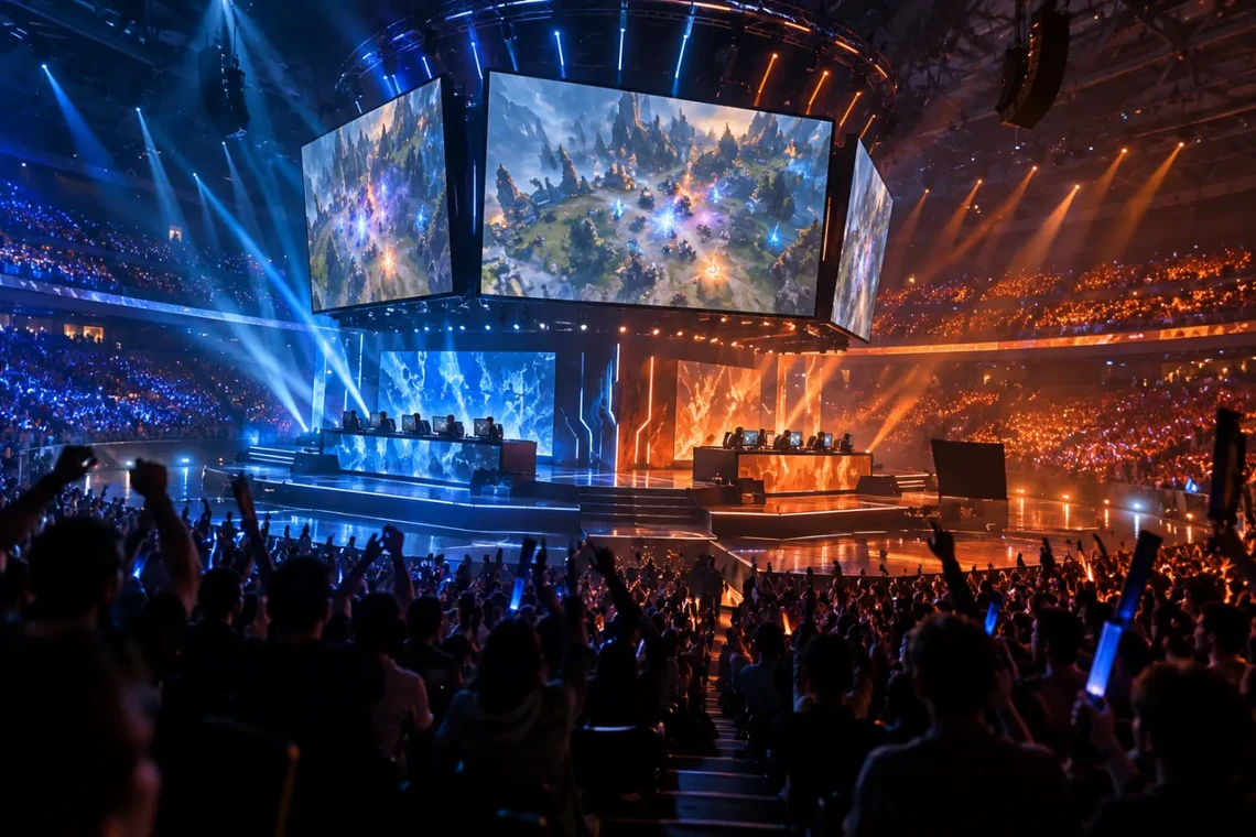 Esports arena with glowing screens and crowd