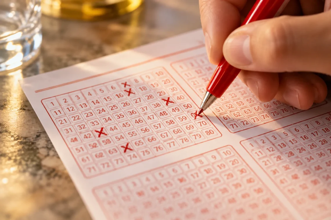 Hand filling in a keno ticket with a red pen