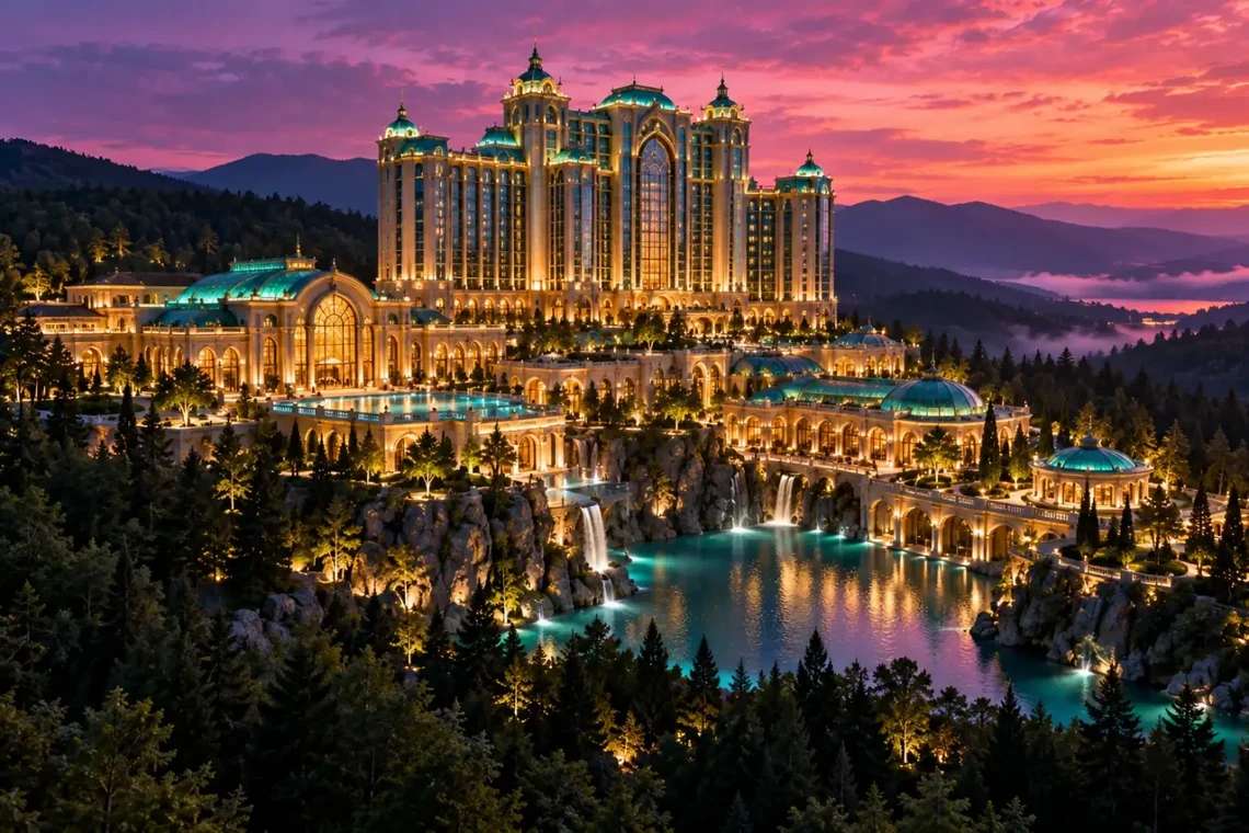 Forest casino resort lit up at night