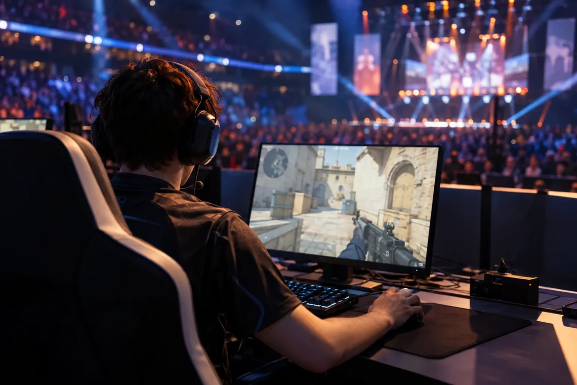 FPS pro player wearing a headset at a tournament booth