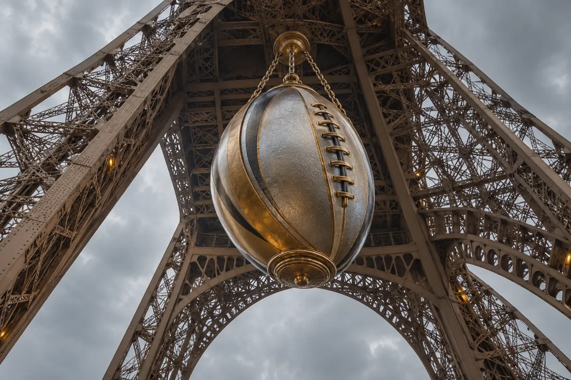 Golden rugby ball hanging under an iron tower