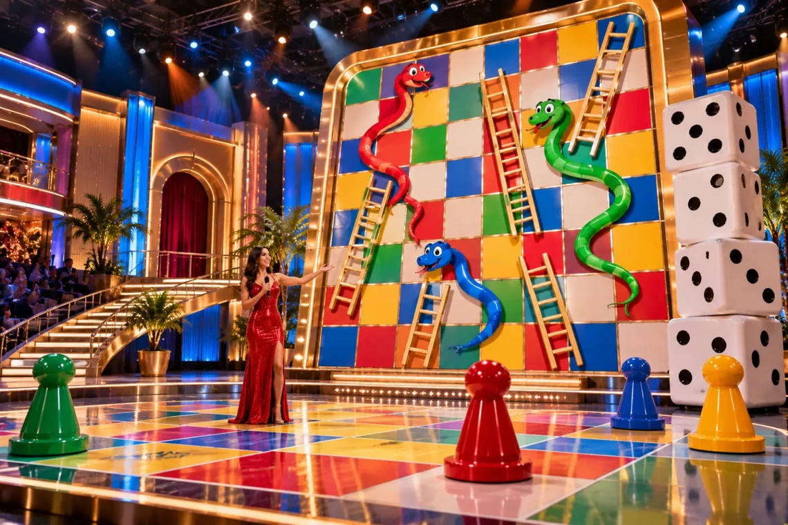 Live game show studio with a giant snakes and ladders board