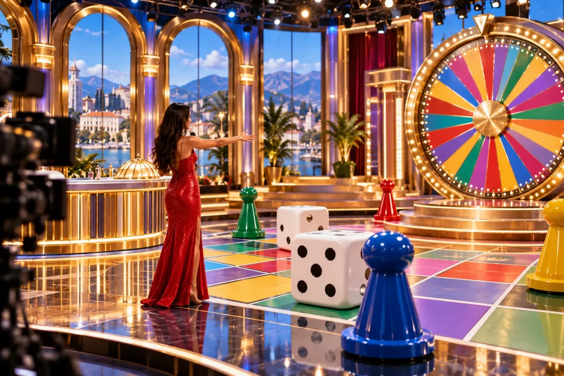 Presenter in a red dress on a colourful live game show set
