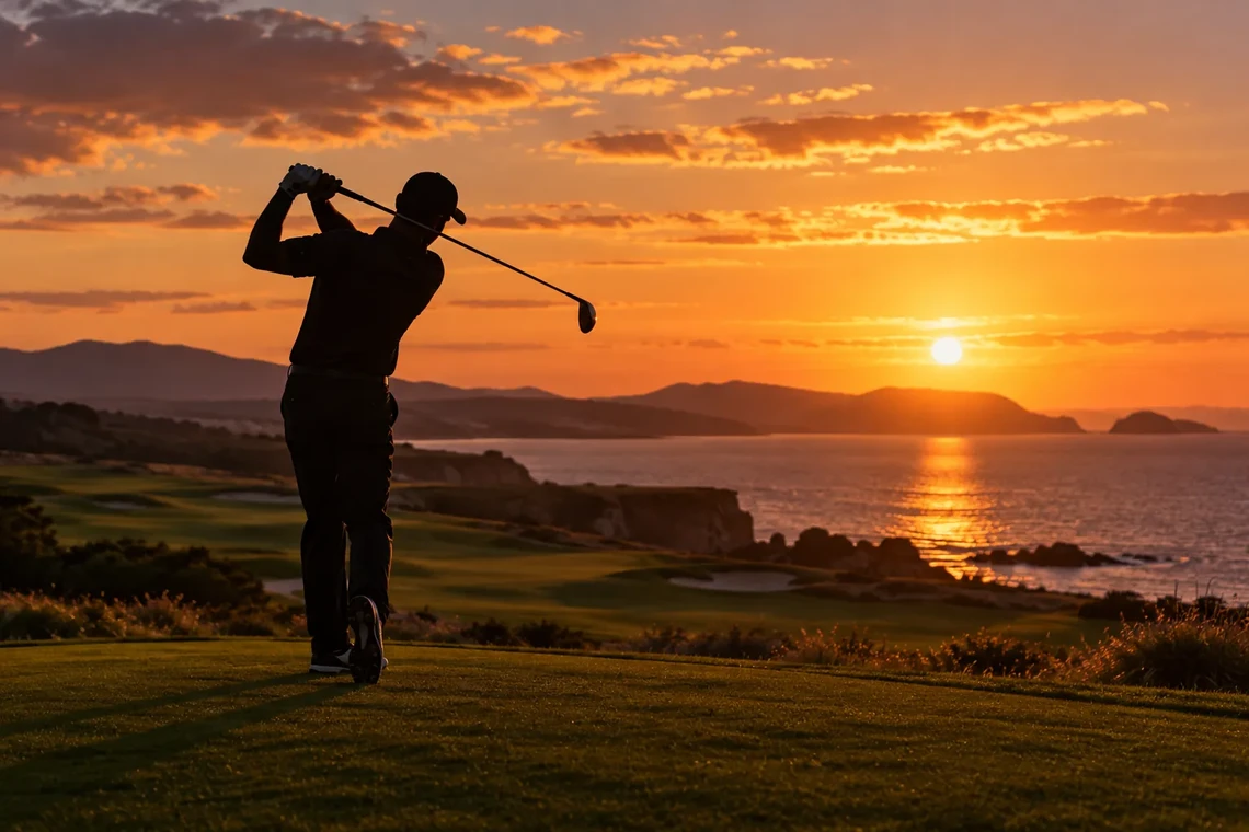Golfer silhouette swinging at sunset