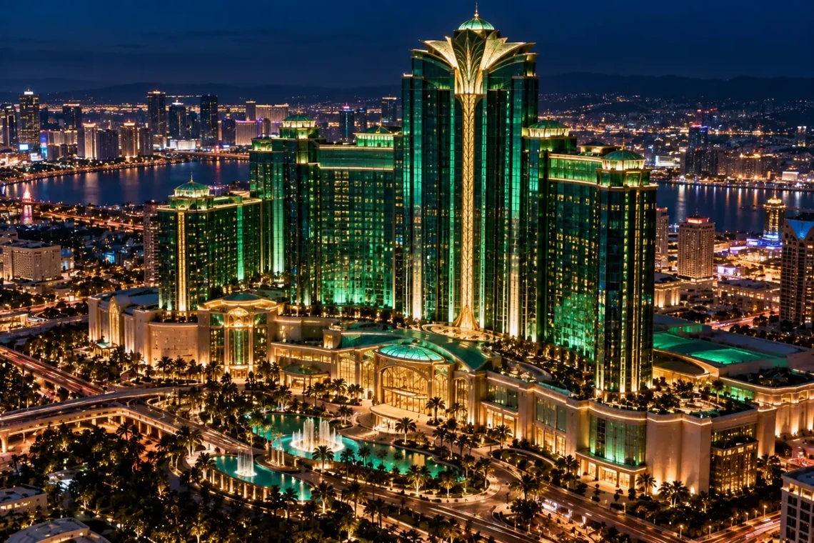 Green glass hotel building at night