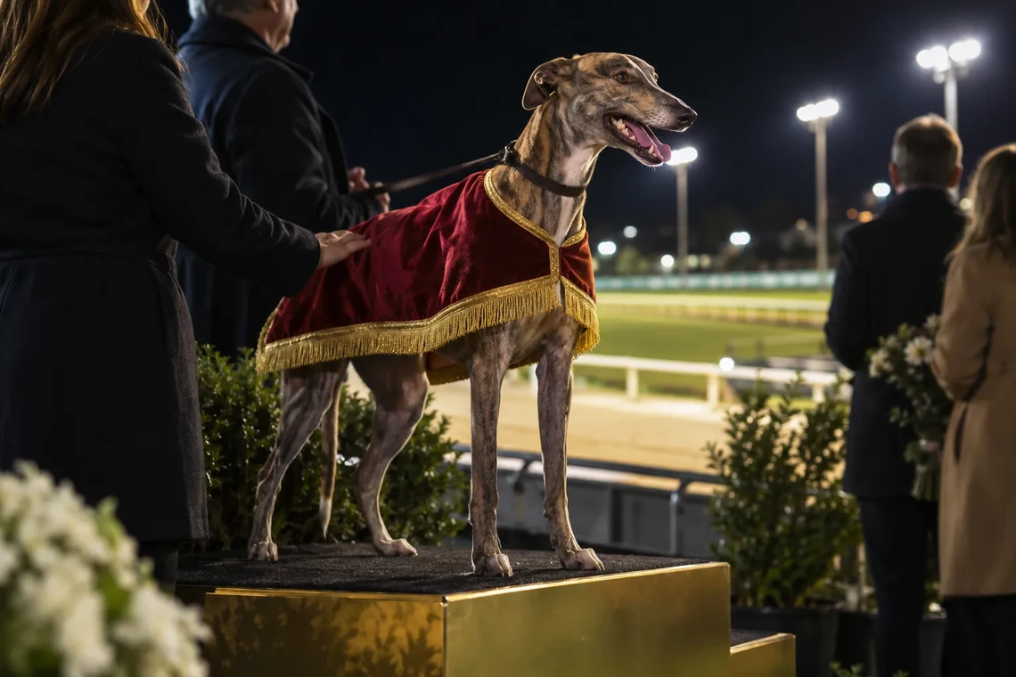 Winning greyhound in a red blanket on a podium at night