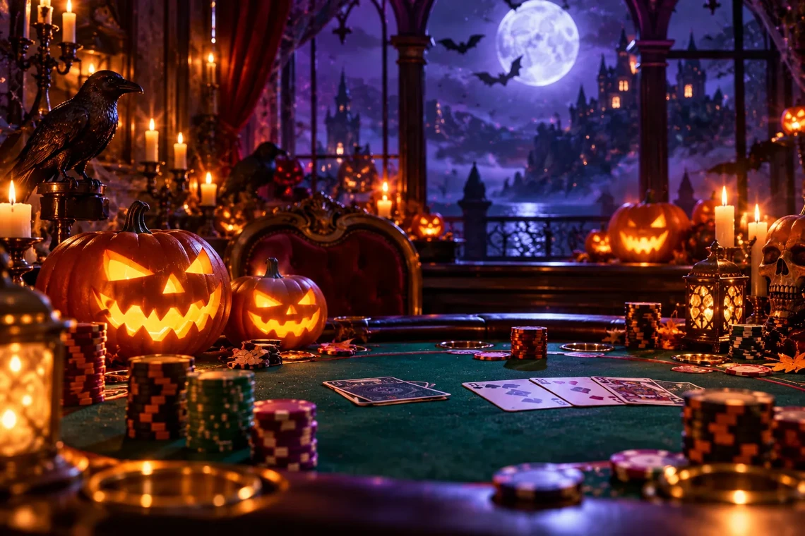 Casino table with carved Halloween pumpkins at night