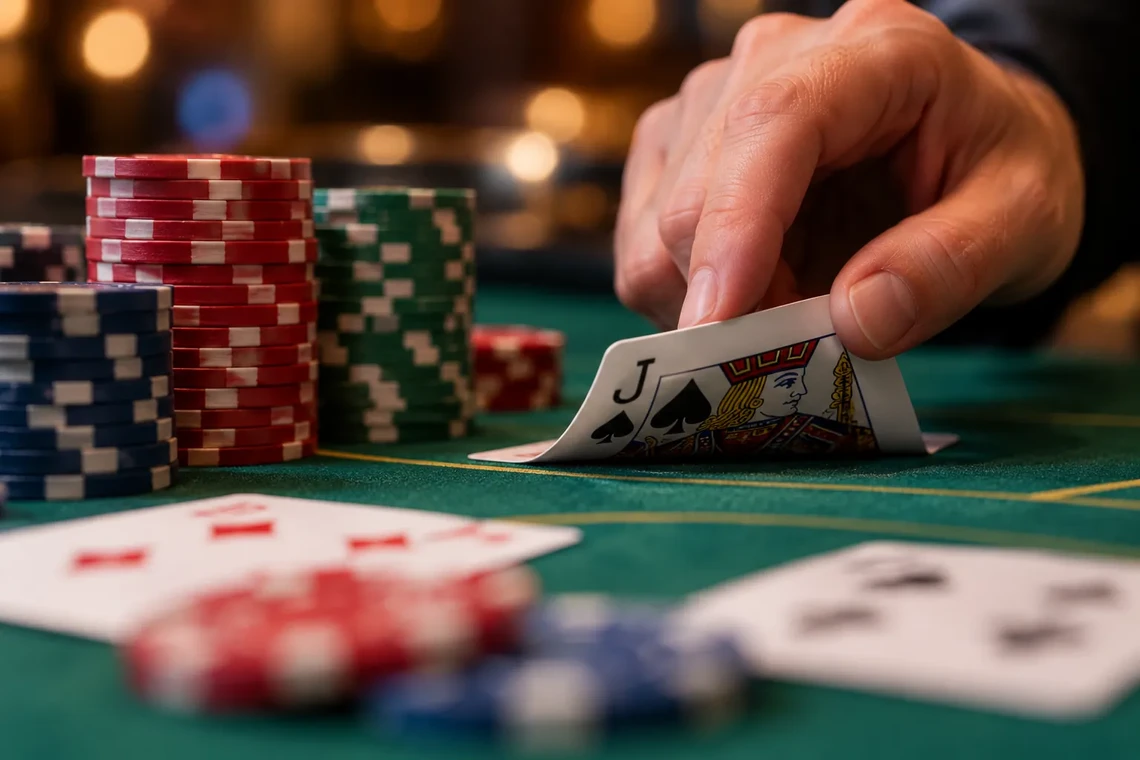 Hand lifting a card beside chip stacks